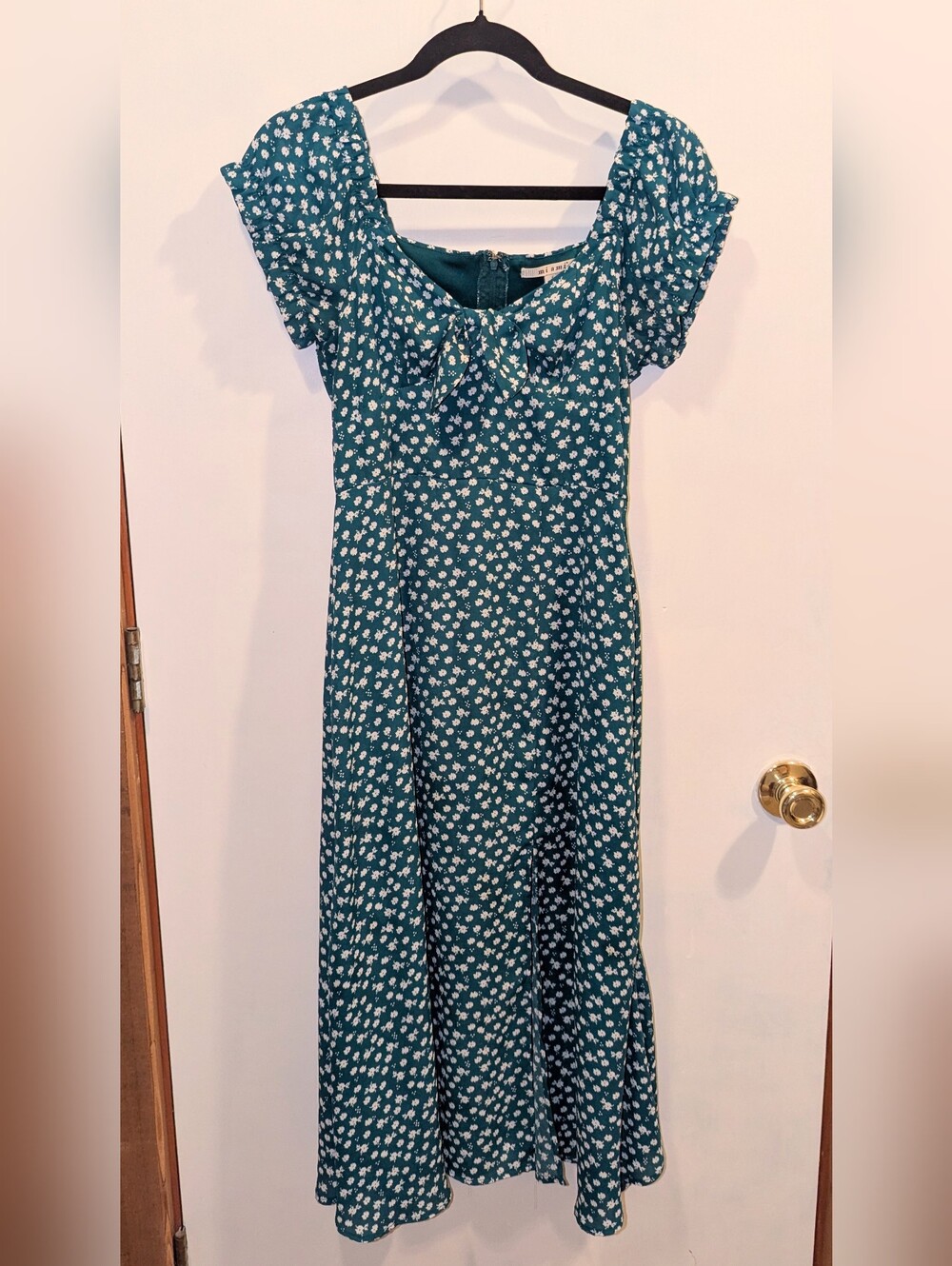 Teal Floral Bow-Front Midi Dress